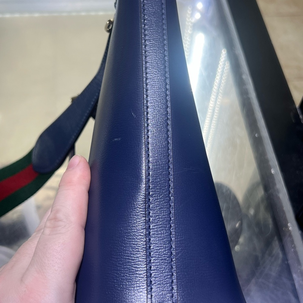 Women’s Navy Leather Bucket Bag with Green-Red Strap - Picture 7 of 16